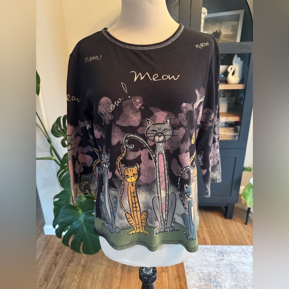 Jess and Jane size small, USA - 3/4 sleeve shirt Meow Meow Cats Rhinestones top